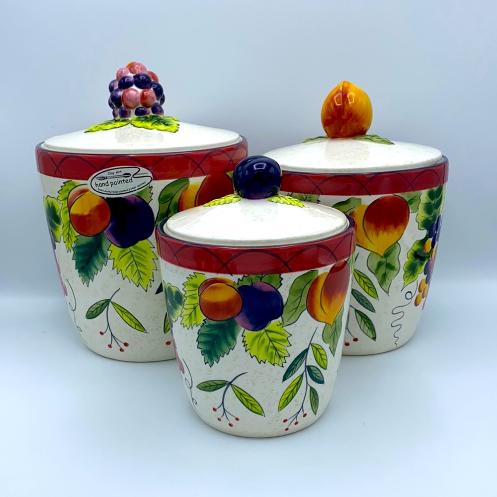 NEW Clay Art AMBROSIA Set of 3 Canisters Kitchen Red Purple Grapes Plums Peaches